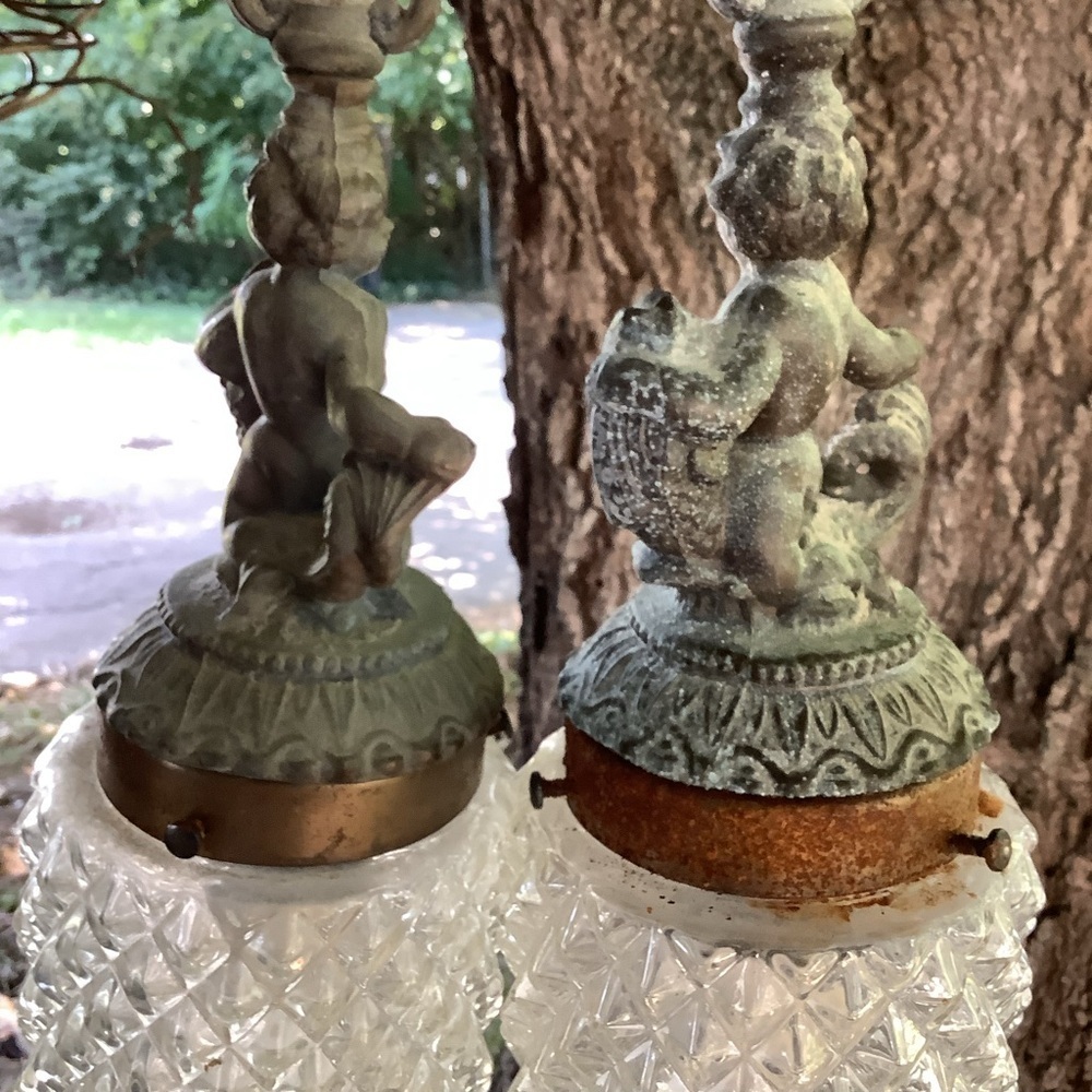 Vintage 1960’s Hollywood Regency Brass Cut Glass Cherub Hanging Swag Lamp Light - Picture 6 of 11